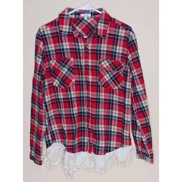 Jodifl Womens Small Red White Y2K Lace Trim Long Sleeve Plaid Button Up Shirt - Picture 1 of 9